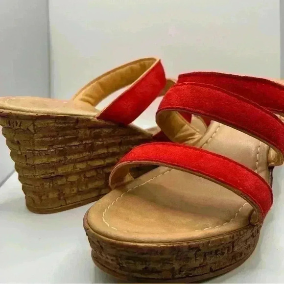 Mariella Beige Slide Wedge Platform Red Straps Women Size 9 SKU #4590 - Picture 4 of 10